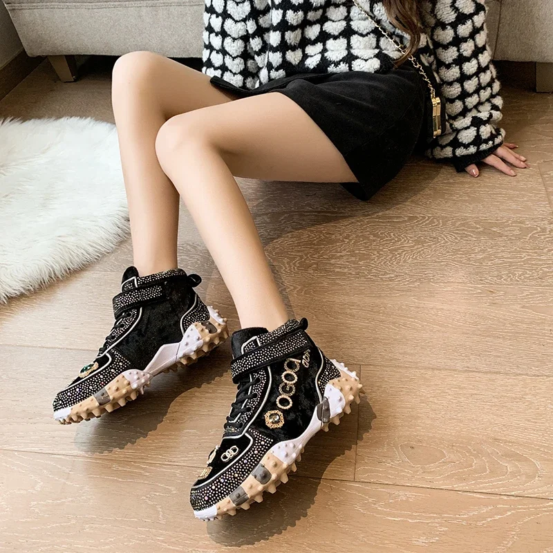 High Quality Thick Bottom Rhinestones Lace-up Fashion All Comfortable Non-slip Breathable Sports Wear-resistant Women's Shoes