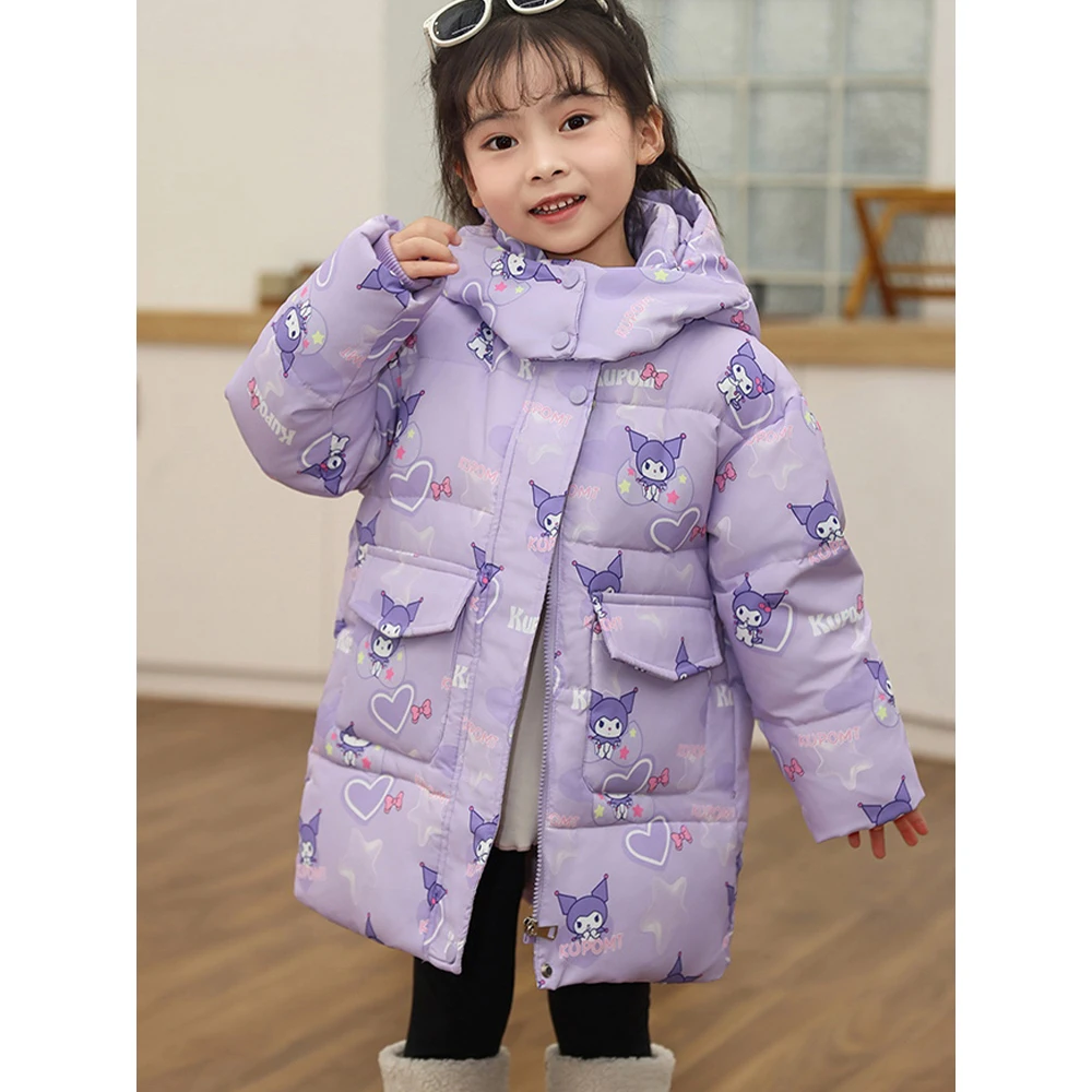 

Детский пуховик в стиле аниме Kawaii, фиолетовый, модный, с героями мультфильмов для девочек, корейская утепленная теплая куртка на молнии с капюшоном, белое пальто на утином пуху