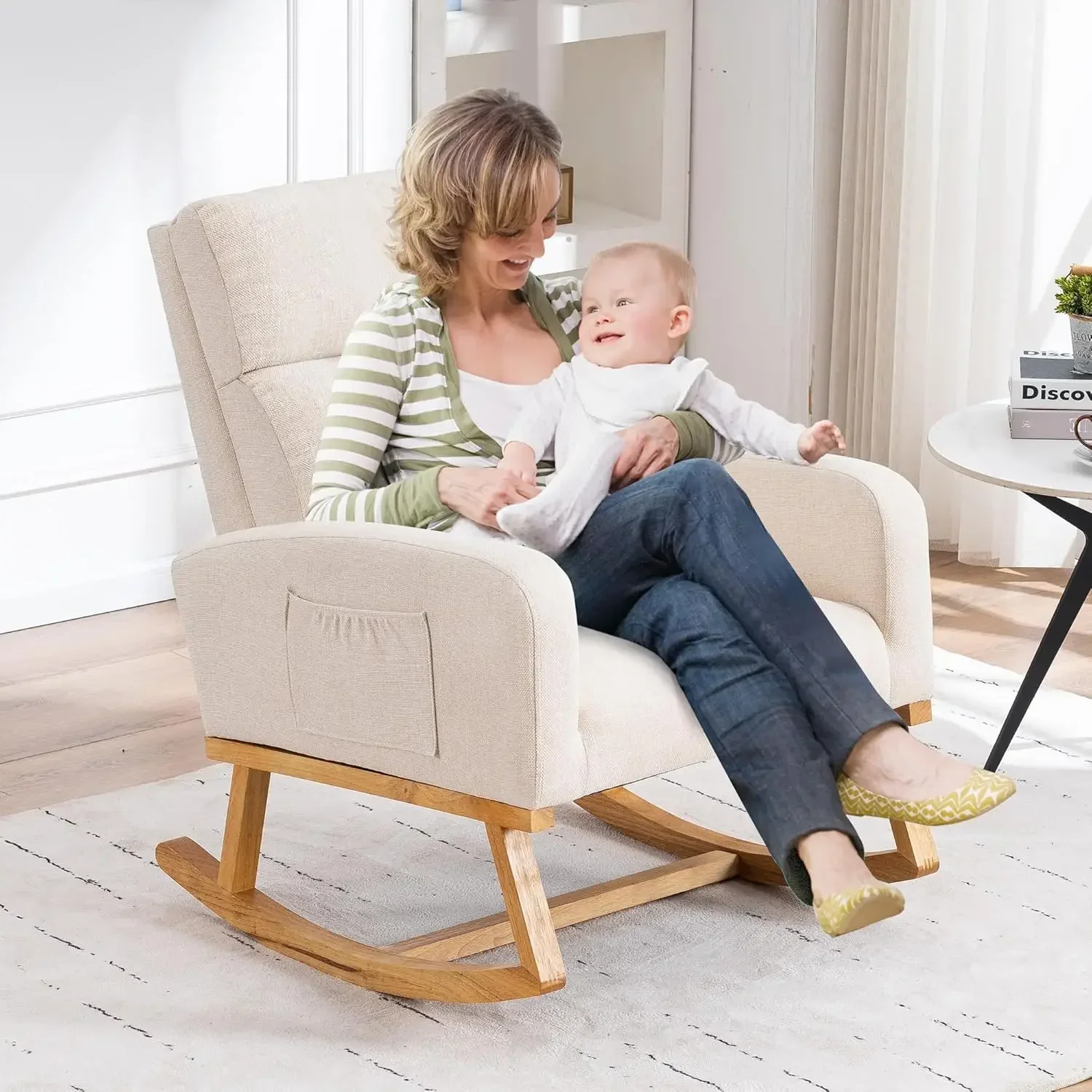 [New Arrival!Free Shipping!]Comfy Rocker Armchair for Nursery with Solid Wood Legs, Modern Nursing Glider Rocking Chair Living R