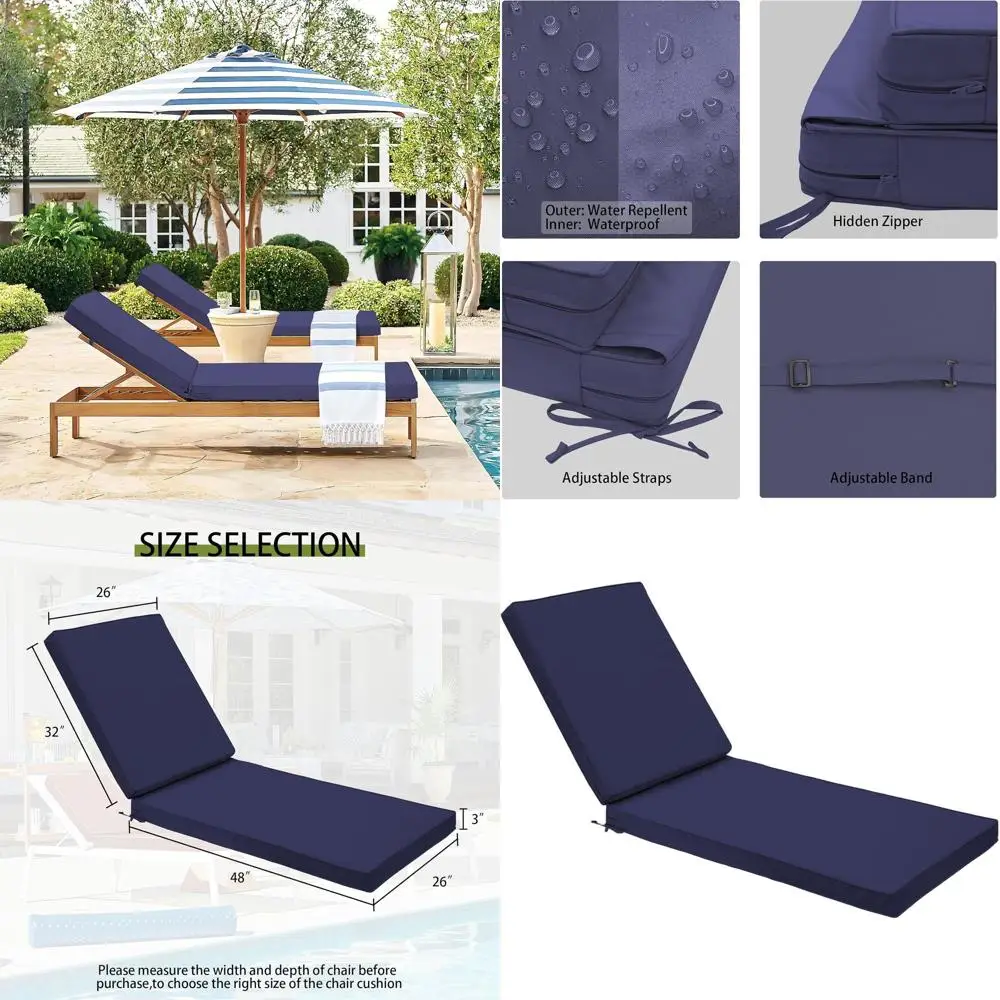 

Waterproof Outdoor Chaise Lounge Cushion, Removable Cover, 80x26x3, Navy