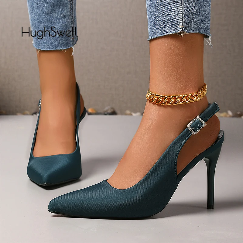 

Dark Green Slingback Sandals Woman Brand Design Pointed Toe High Heel Pumps Ladies Rhinestone Evening Party Stiletto Shoes