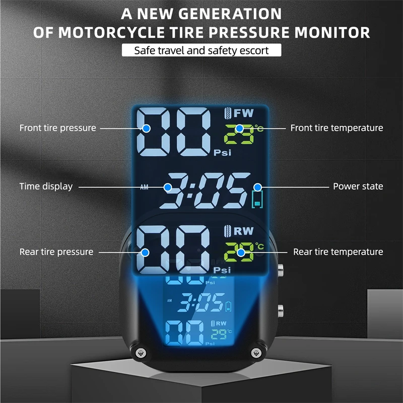 Wireless Motorcycle TPMS Tire Pressure Monitoring System with 2 External Sensors IP65 Waterproof Real Time Tyre Pressure Monitor