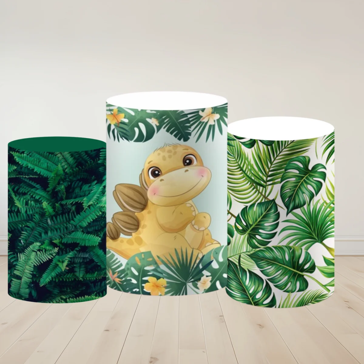Cartoon Dinosaur Tropical Leaf Cylinder Pedestal Cover Photo Background Stretch Fabric Plinth Stand Birthday Portrait Backdrop