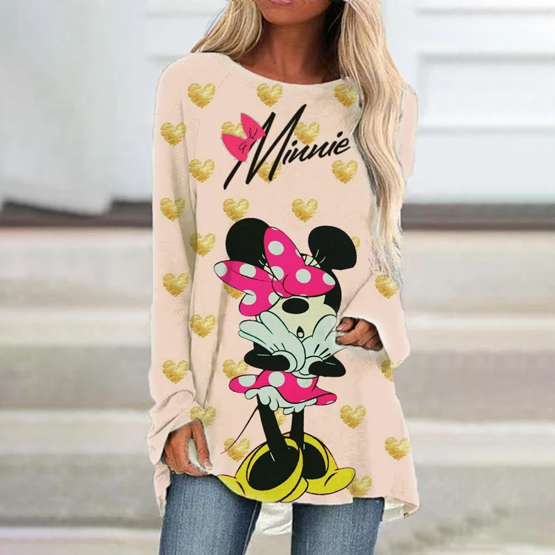 

Mickey Minnie cartoon autumn Harajuku new women's round neck loose long-sleeved T-shirt fashion casual shoulder dress 2024