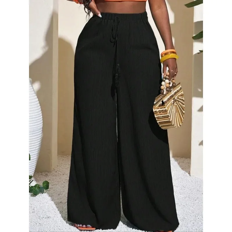 Pantalones de pierna ancha de Color sólido para mujer de talla grande 1XL-5XL, pantalones cómodos informales para uso diario, parte inferior para mujer