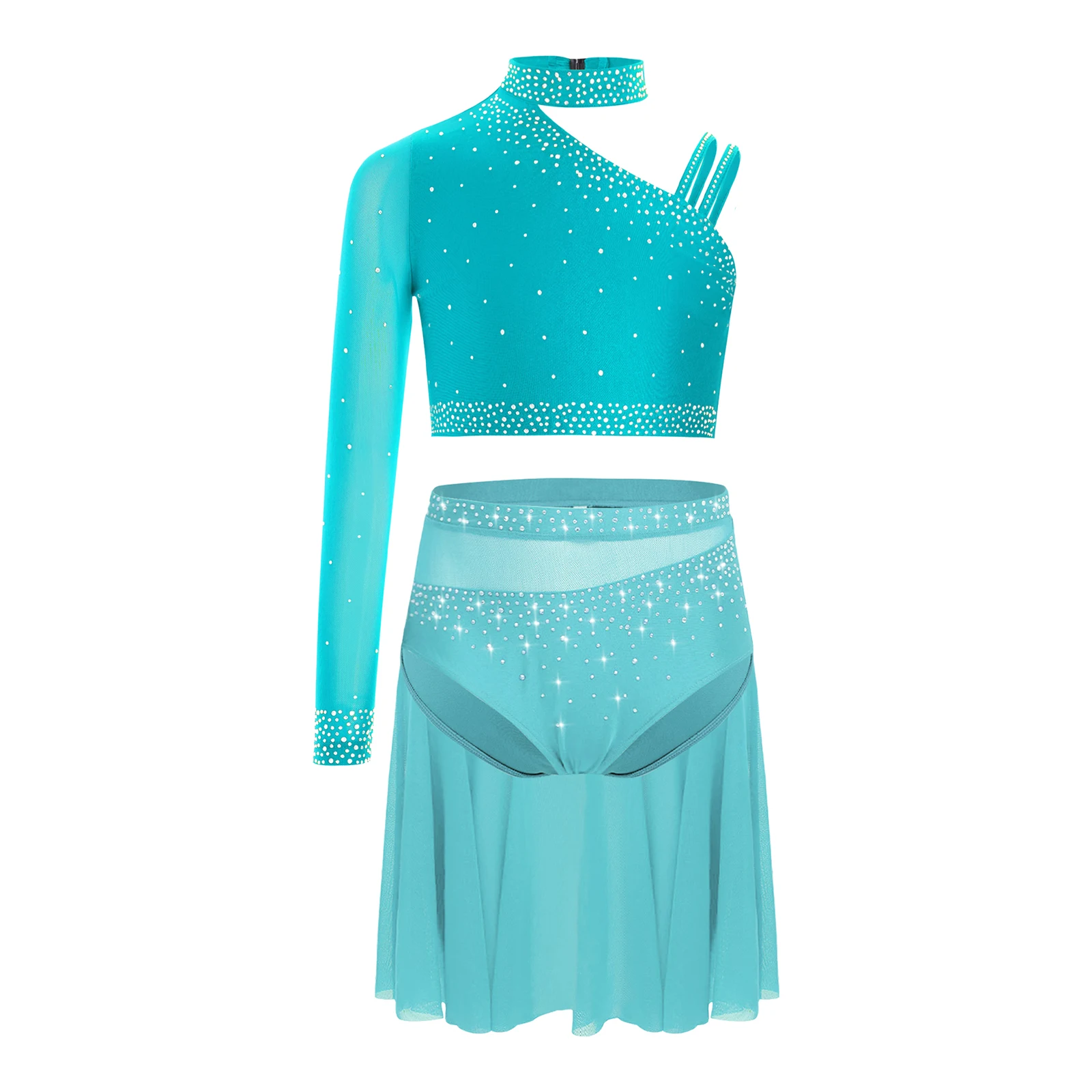 

Kids Girls Lyrical Dance Set Sparkly Rhinestones Irregular Shoulder Crop Top+Sheer Mesh Briefs Skirt Figure Skating Ballet Dress