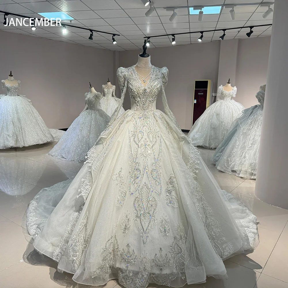 Ball Gown Wedding Dress Long Sleeve V Neck Beading Customized Court Train Modern Wedding Gowns Bridal Dress فساتين حفل
