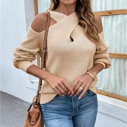 Women Knit Sweater V Neck Crisscross Hollow Out Tops Full Sleeve Spliced Thick Sweaters Slim Fit Solid Sexy Office Ladies