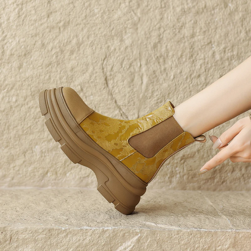 

Handmade Genuine Leather Horsehair Platform Ankle boots Chunky Round Toe Slip On Fashion Booties Casual Women Shoes