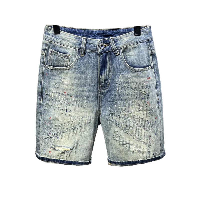 2024 Zomer Kras Denim Shorts Trendy High-End Casual All-Matching Mode Retro Shorts Voor Heren