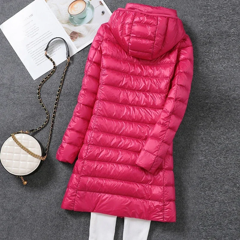 Lightweight and Thin Women's Mid Length Down Jacket 2024 Autumn/Winter New Hooded Hat Detachable Long Plus Size Down Coats