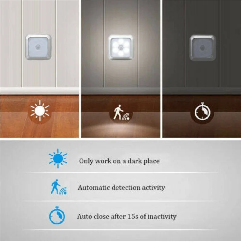 6 LED Motion Sensor Lights Indoor Stair Puck Light Cordless Step Night Light For Under Cabinet Hallway Stairway Closet Kitchen