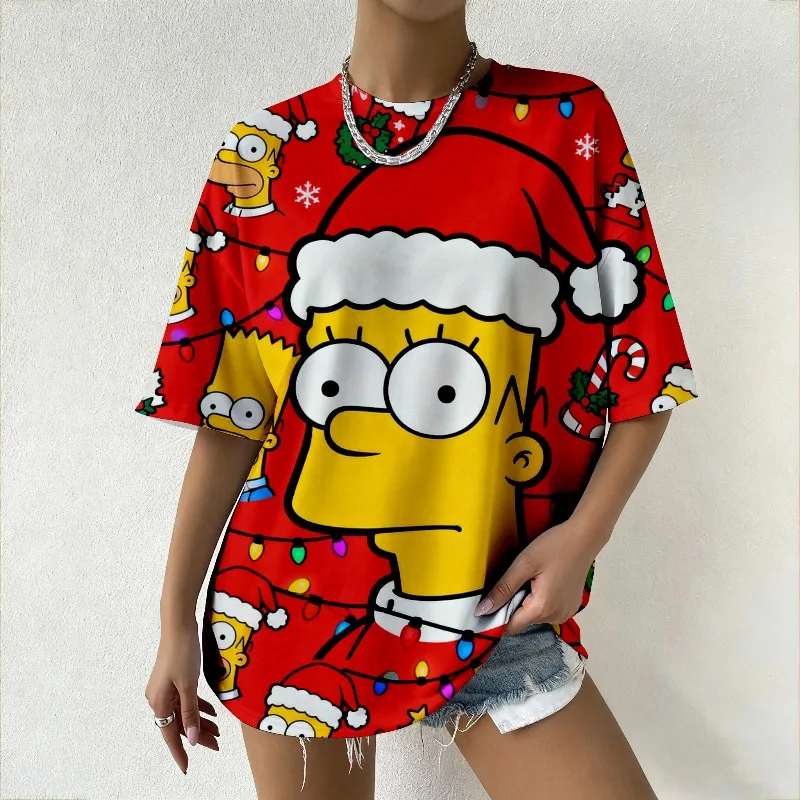 

Женский топ Disney The Simpsons Bart Christmas большого размера с короткими рукавами, повседневная уличная одежда, модная одежда Y2k, повседневная футболка