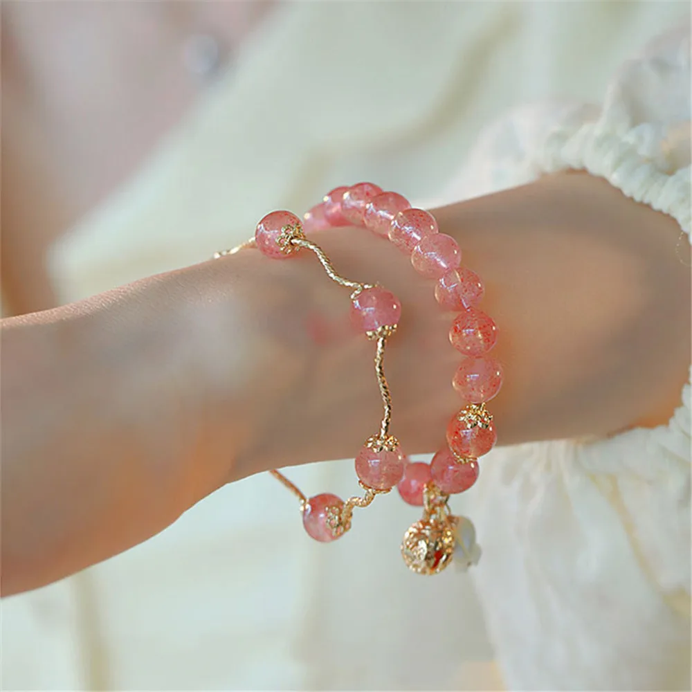 Natural High Quality 8mm Strawberry Quartz Beaded Women Bracelet Bell Flower Pendant Bestie Personalized Romantic Fine Jewelry