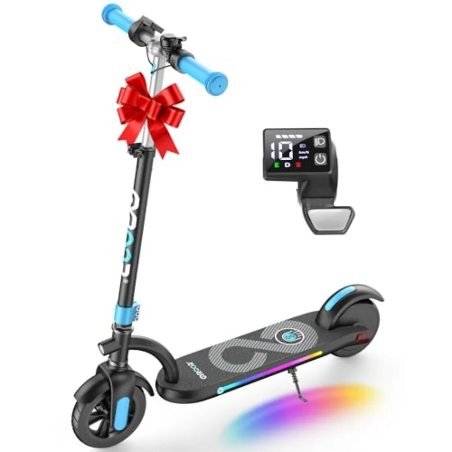 

electric scooter for ages 8-12, aluminum alloy frame, blue and red, 180W motor with up to 10 MPH speed, LED display and colorfu