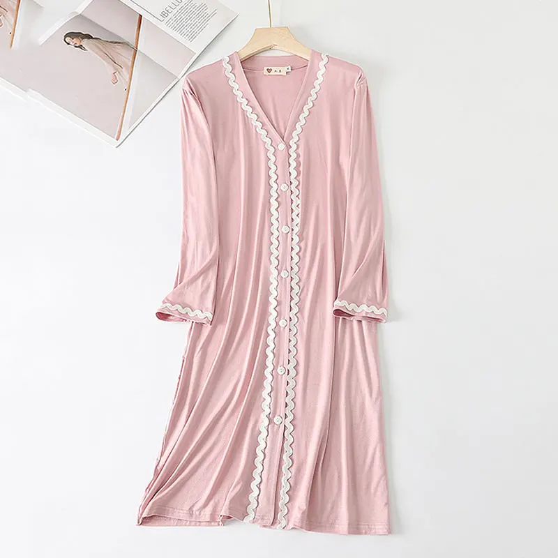 2024 Modal homewear Nightdress Dress women\'s Long-Sleeved mid-length Pajamas Spring, Autumn Loose High-end Robes Sleepshirts