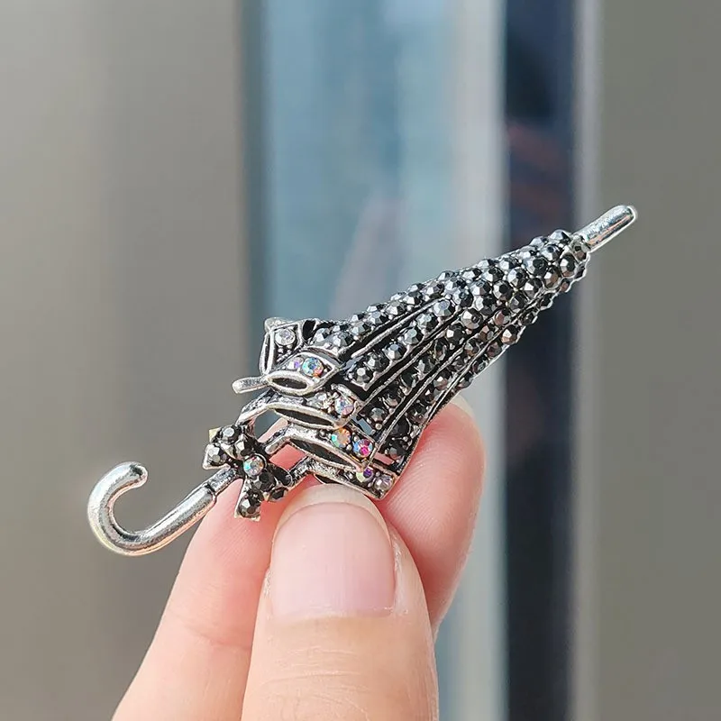 Vintage Creative Rhinestone Umbrella Brooches For Womem Men Suit Clothing Accessories Fashion Elegant Brooch Pin Jewelry Gifts