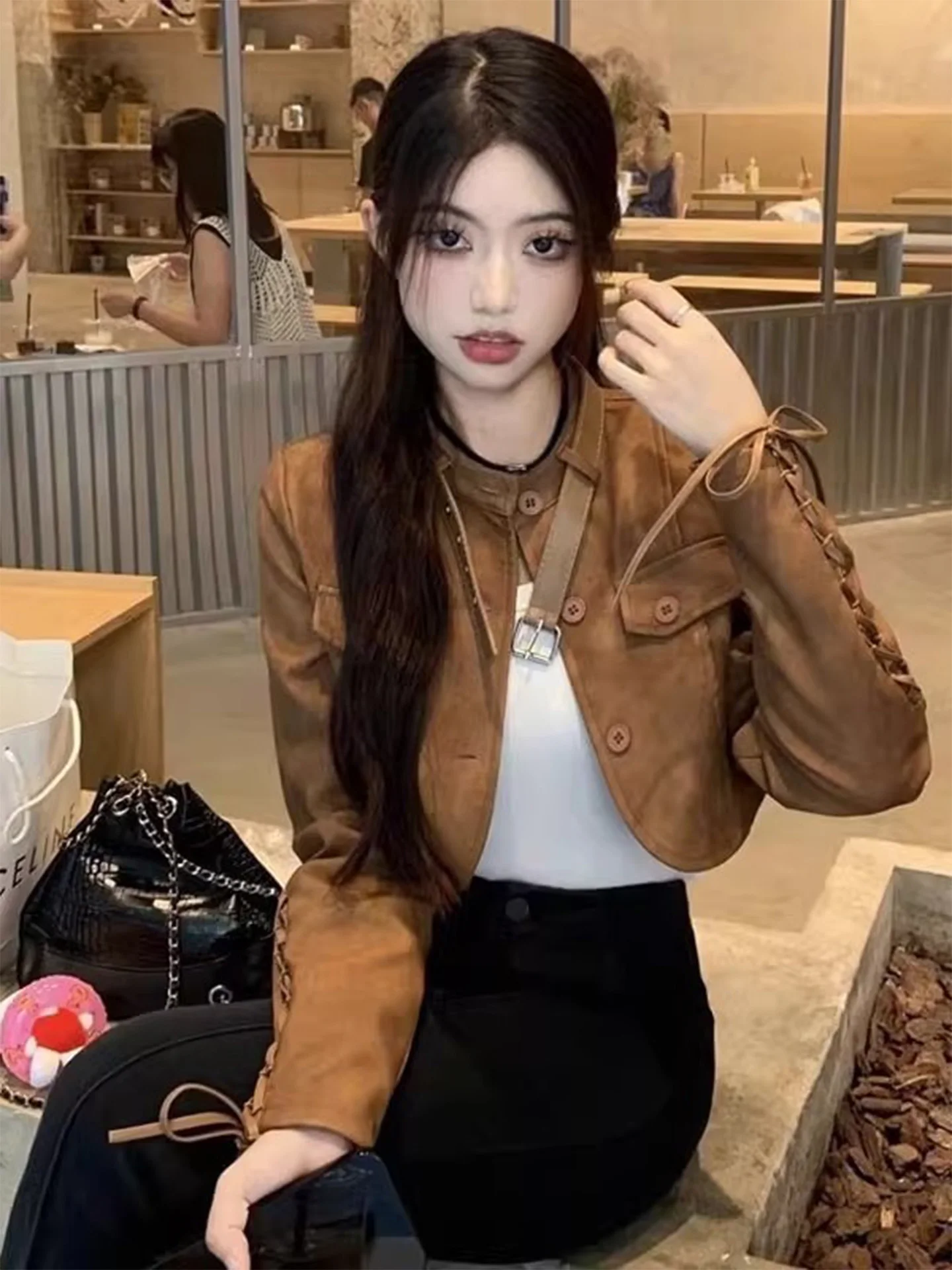 레트로 브라운 PU 가죽 자켓 여성용 모터사이클 스타일 아우터웨어 스파이시 걸 디자인 센세이션 2025 가을 신상품