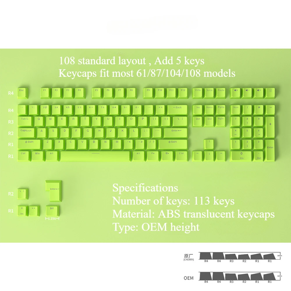 Keyboard Keycaps 113 Keys Caps ABS Translucent OEM Profile Keycap Keyboard Accessories for Office Home