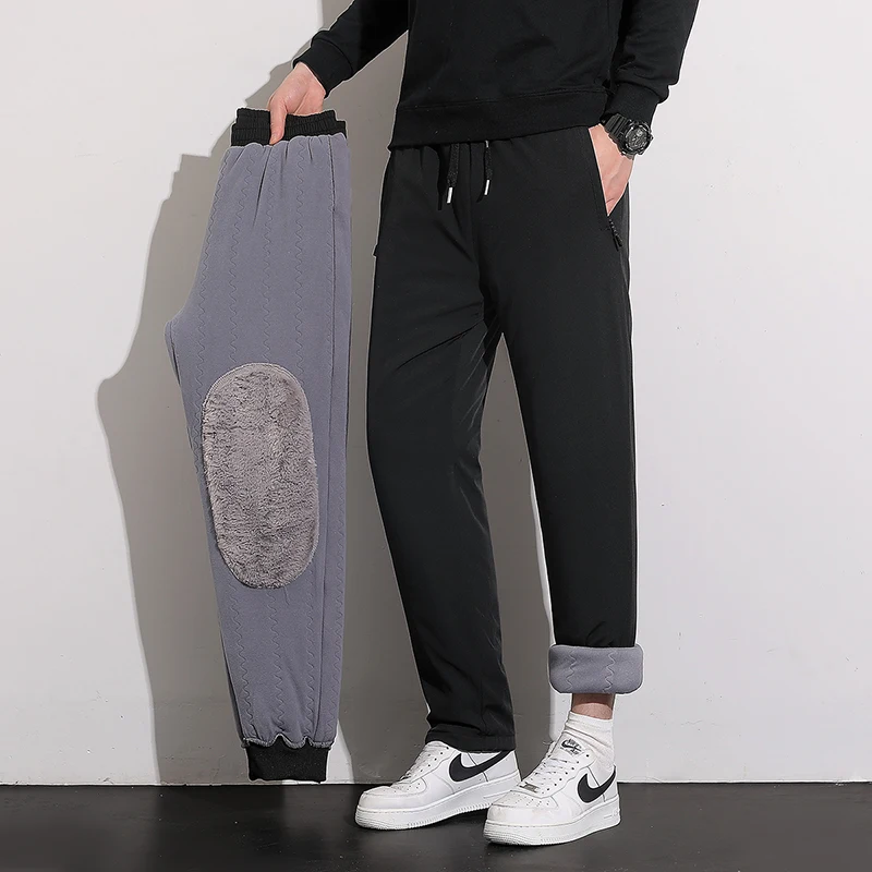 Winter Men Compound Plus Velvet Thermal Pants Knee Protector Padded Cotton Trousers Thick Fleece Lined Elastic Waist Casual Warm