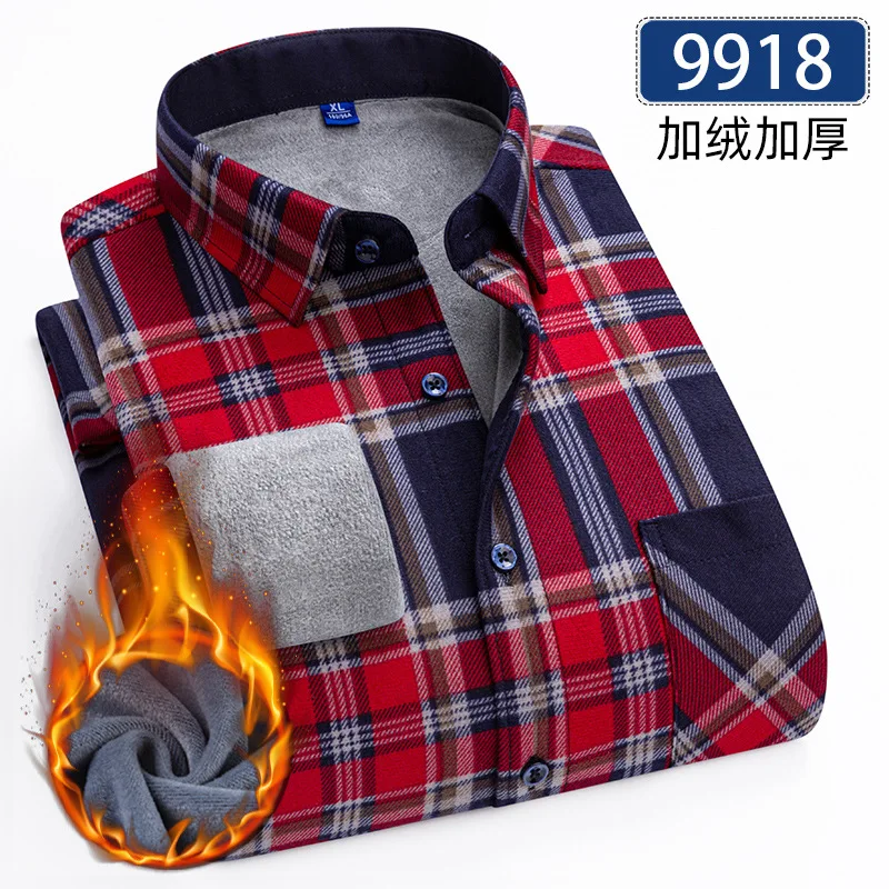 7XL 8XL plus fleece thickened men\'s shirt Long sleeve Autumn winter plaid non-ironing slim fit casual fashion plus size