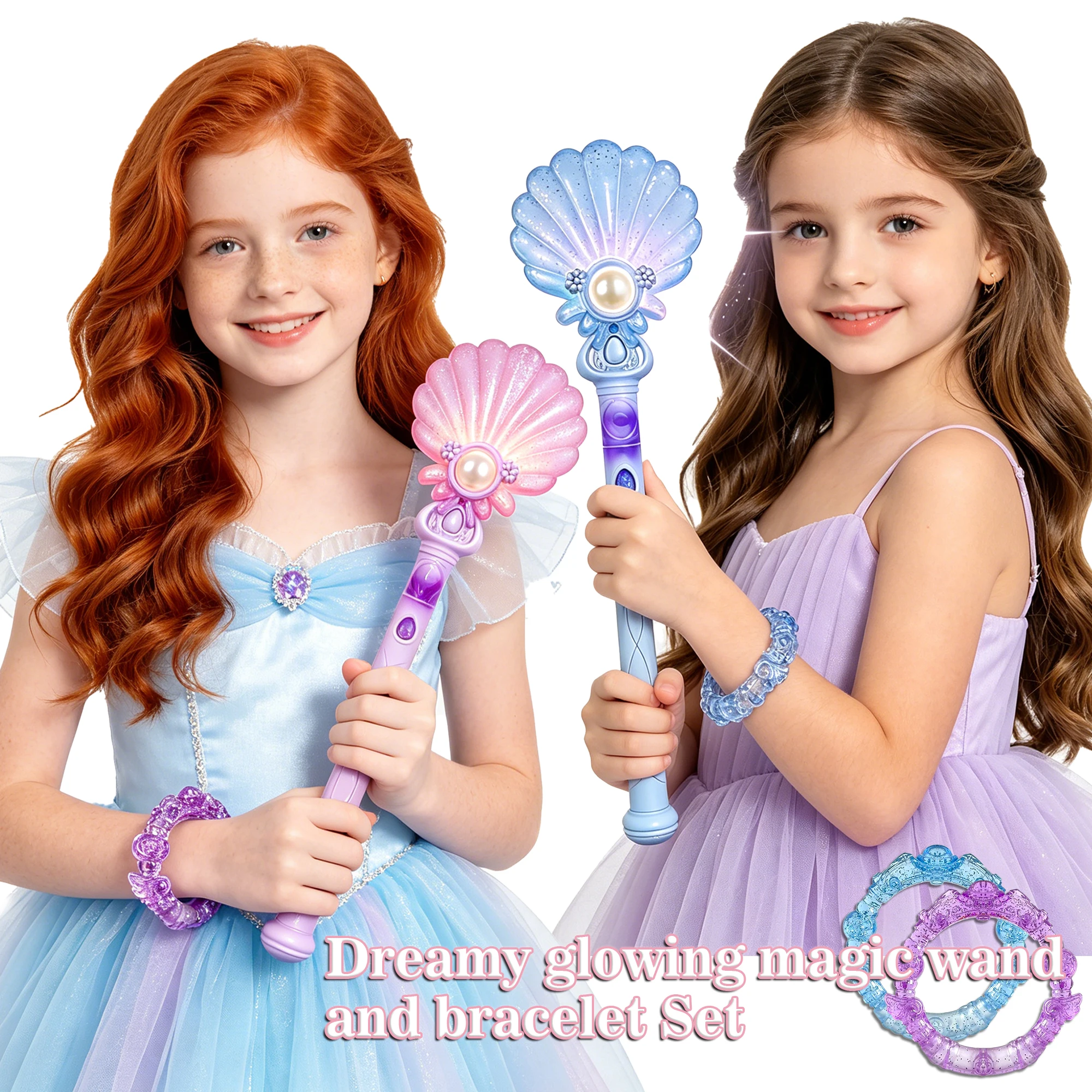 Two-Piece Princess Role-Play Prop Set, Shell Princess Magic Wand and Prop Bracelet, Dreamy Princess Shell Wand and Bracelet, Glowing and Sound-Making Fairy Wand, Perfect Gift for Girls, Holiday Party Role-Play Props, Stage Performance Props, as Birthday Gifts, Holiday Gifts, Party Gifts, Halloween Gifts, Christmas Gifts