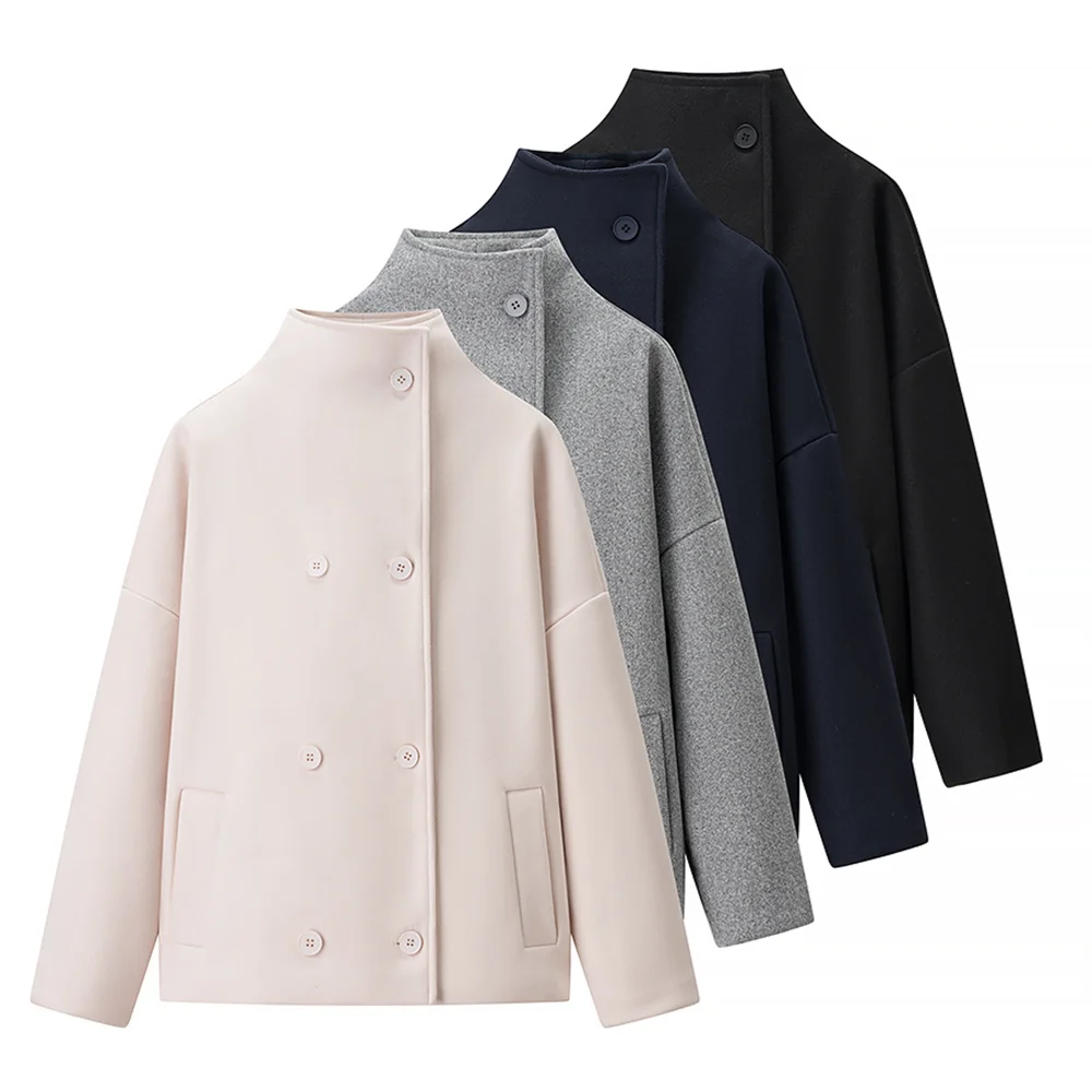 

Новая женская повседневная свободная двубортная однотонная короткая куртка с воротником-стойкой и длинными рукавами