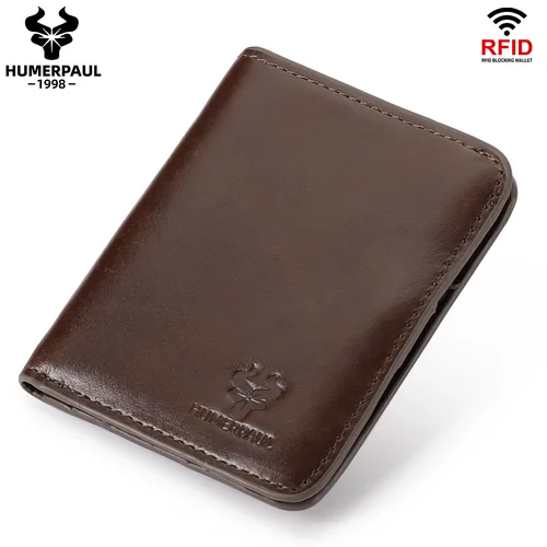 Imagen 2 del producto Cartera 100% de cuero genuino para hombre, billeteras plegables con bloqueo RFID y ranuras para tarjetas RFID, monedero fino con cremallera para hombre, Clip para dinero