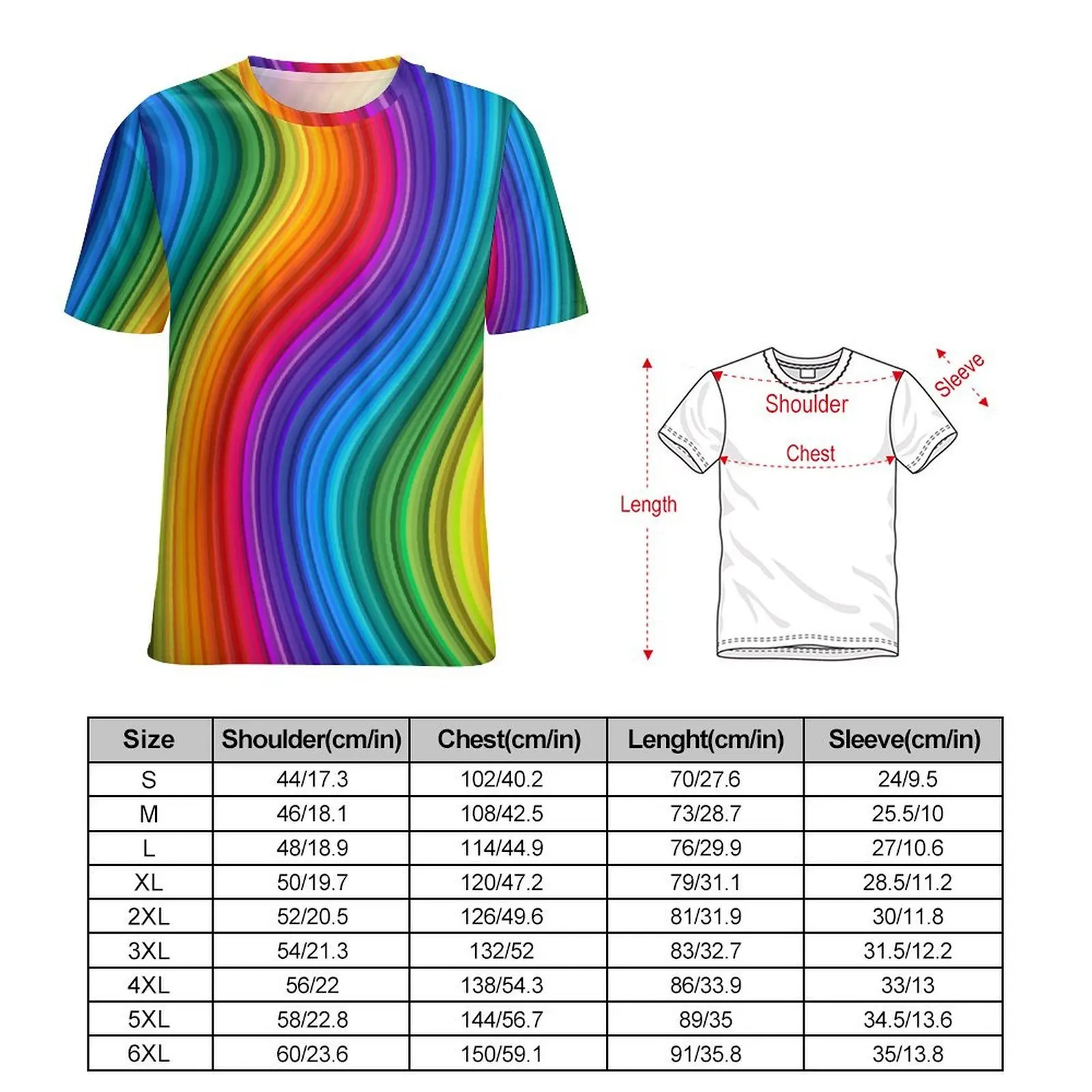 Rainbow Wave T-Shirt For Men Glittering Swirl Graphic O Neck T-Shirts Summer Vintage Clothes Short Sleeve Casual Big Size Tees