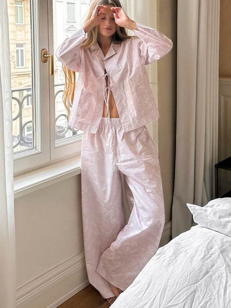 

Hiloc Pink Floral Print Bow Lace-Up Long Sleeve Top Outfit Elegant Floor-Length Pants Sets Full Placket Lapel Women Pajama Suits
