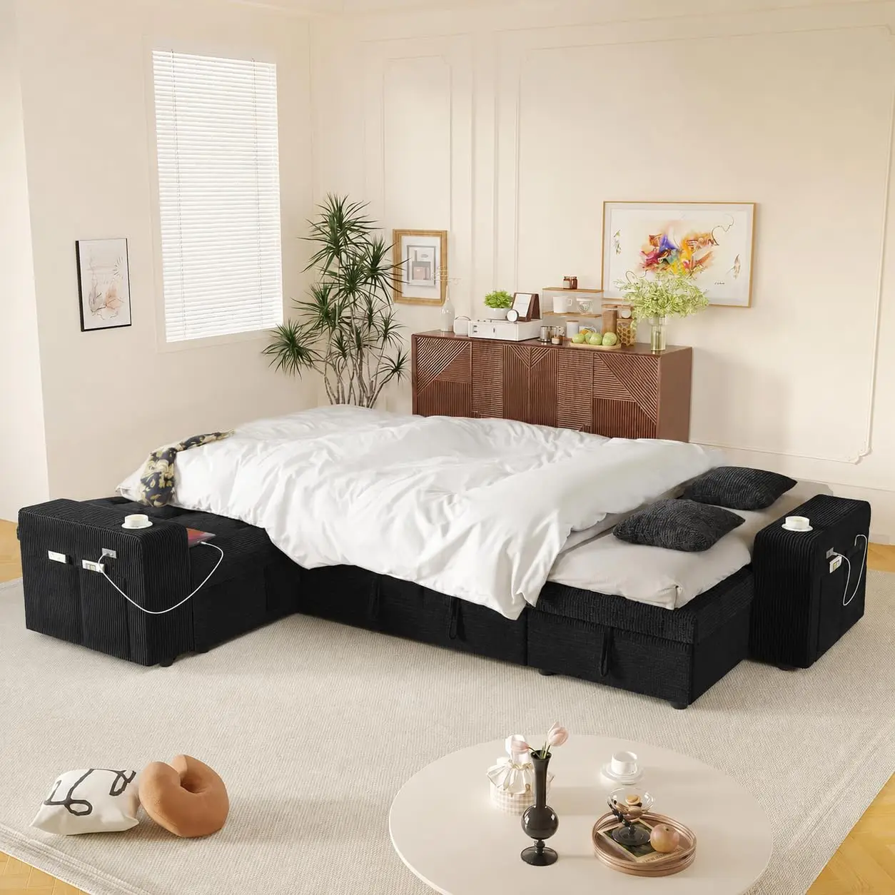 Modular Sleeper Sofa with Pull Out Bed, 108 Inch U Shaped 7 Seat Chenille Couch with Storage & USB, Customized