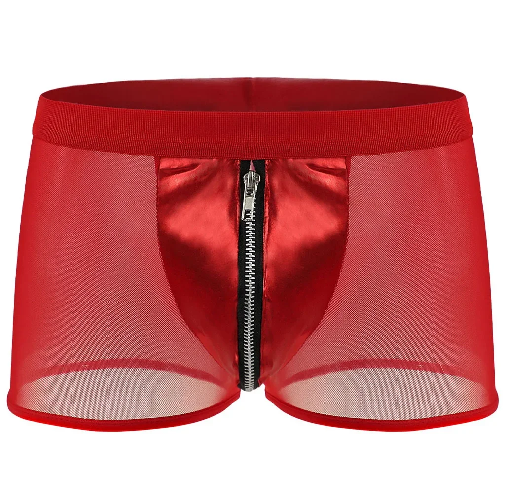 

Men,sboxy Underwear PU Leather + Sheer Mesh Patchwork Trunk Gays Low Rise U Convex Pouch Boxer Shorts Zipper Open Crotch Panties