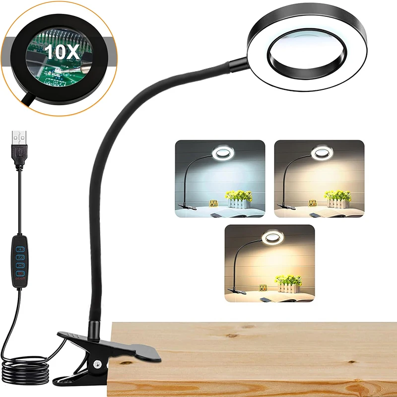 

10X Magnifying Glass with 3 Color Modes LED Lighted Desk Lamp with Metal Clamp Flexible Gooseneck Magnifier for Reading Nail Art