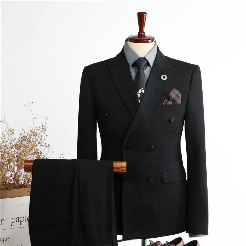 (21) Customized New Double-breasted Suit Suit Men's Plaid Professional Formal Wedding Dress