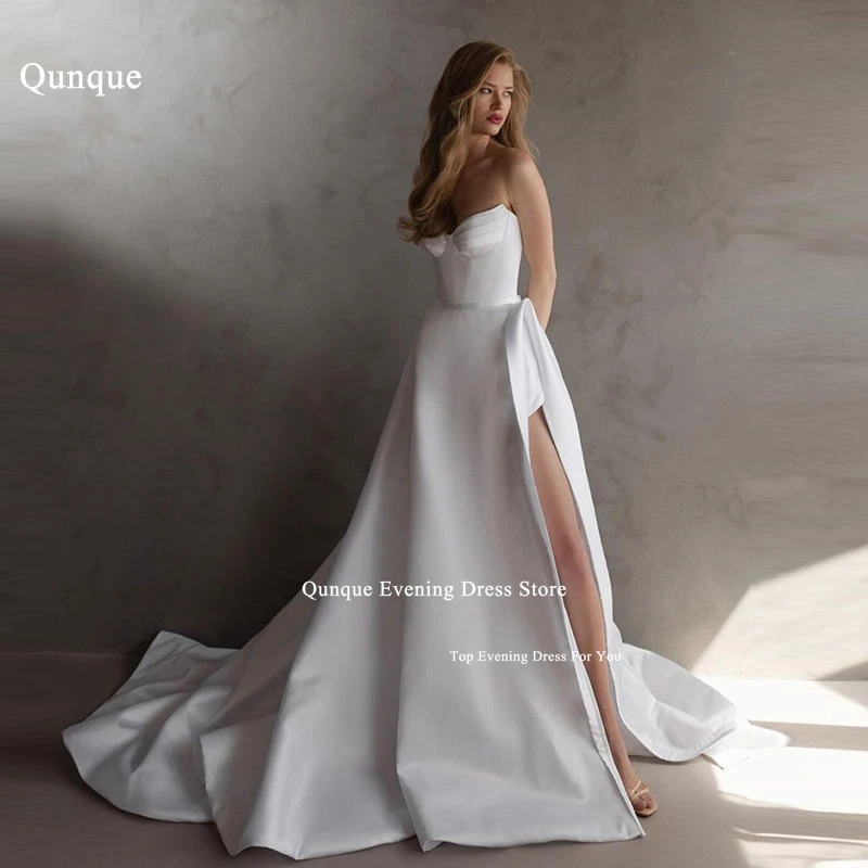 

Qunque Simple A Line Satin Wedding Dresses Sweetheart Sweep Train High Slit Bridal Gowns Mariage Vestidos De Boda Para Fiestas