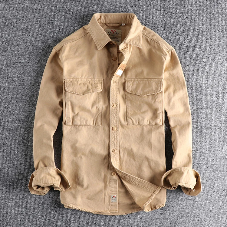 Herbst neue 204 khaki retro waschen einfarbig arbeit hemd männer dreidimensionale tasche trend lose jacke – Detail 7