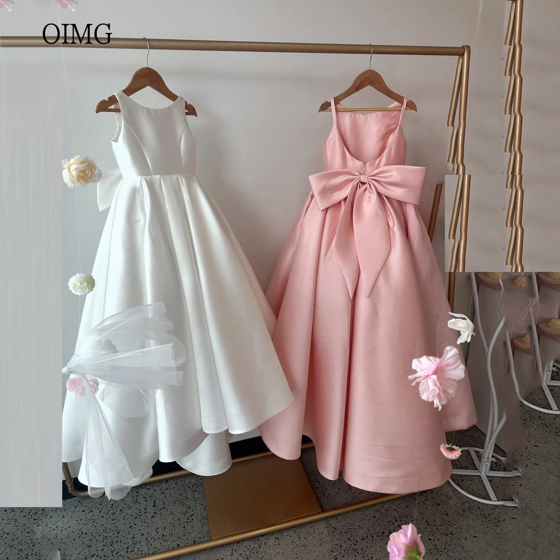 

OIMG Classic A Line Flower Girl Dresses O Neck Backless With Bow Gown Wedding Party Dress Floor Length Birthday Dress Customized