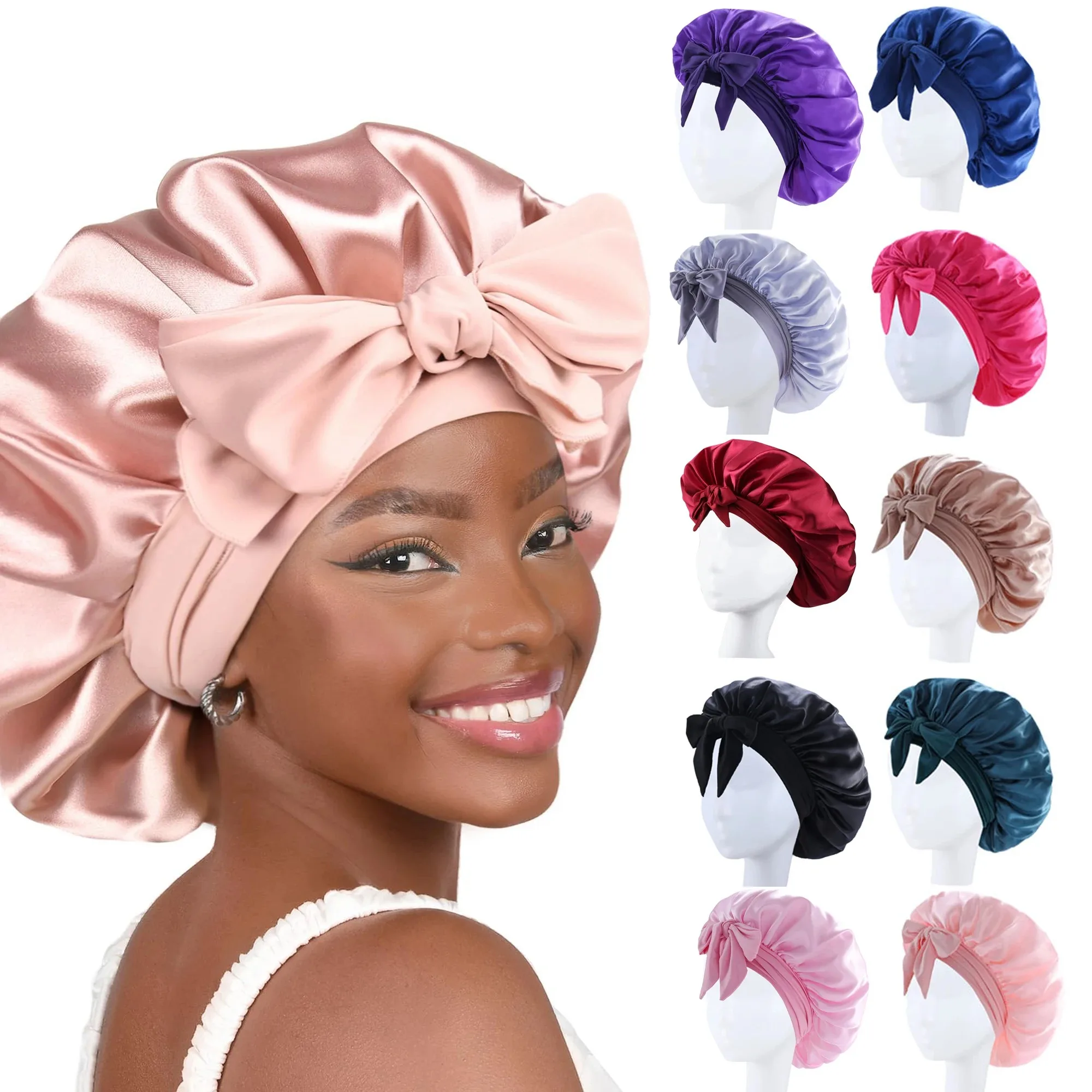 Bonnet de nuit en soie pour femme, bonnet en satin pour cheveux bouclés, avec bande à nouer, foulard enveloppant pour cheveux bouclés, accessoire de beauté