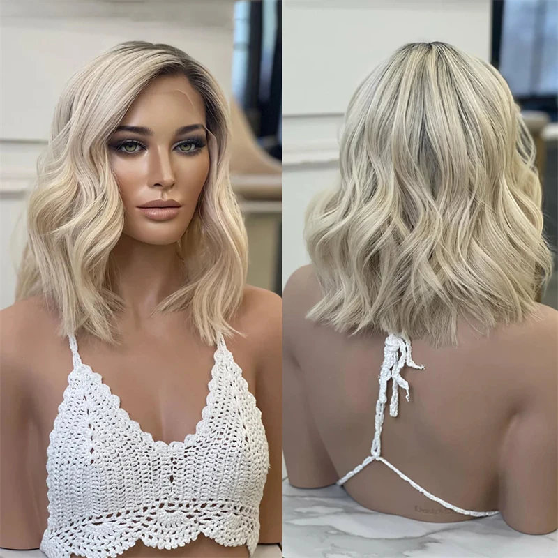 

Glueless Preplucked Hairline with Baby Hair 13x4 Ombre Light Golden HiIghlights HD Lace Front Wig Synthetic Wig Short Wave Bob