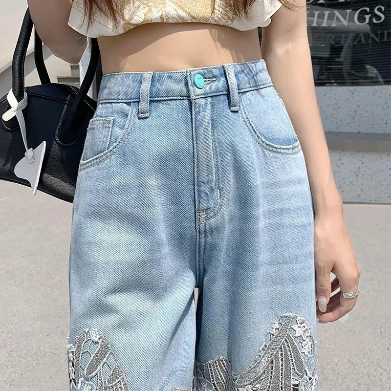 Streetwear Techwear Lace Patchwork High Waisted Jeans Y2k Clothes Vintage Emo Denim Pants Straight Hippie Elegant Denim Trousers