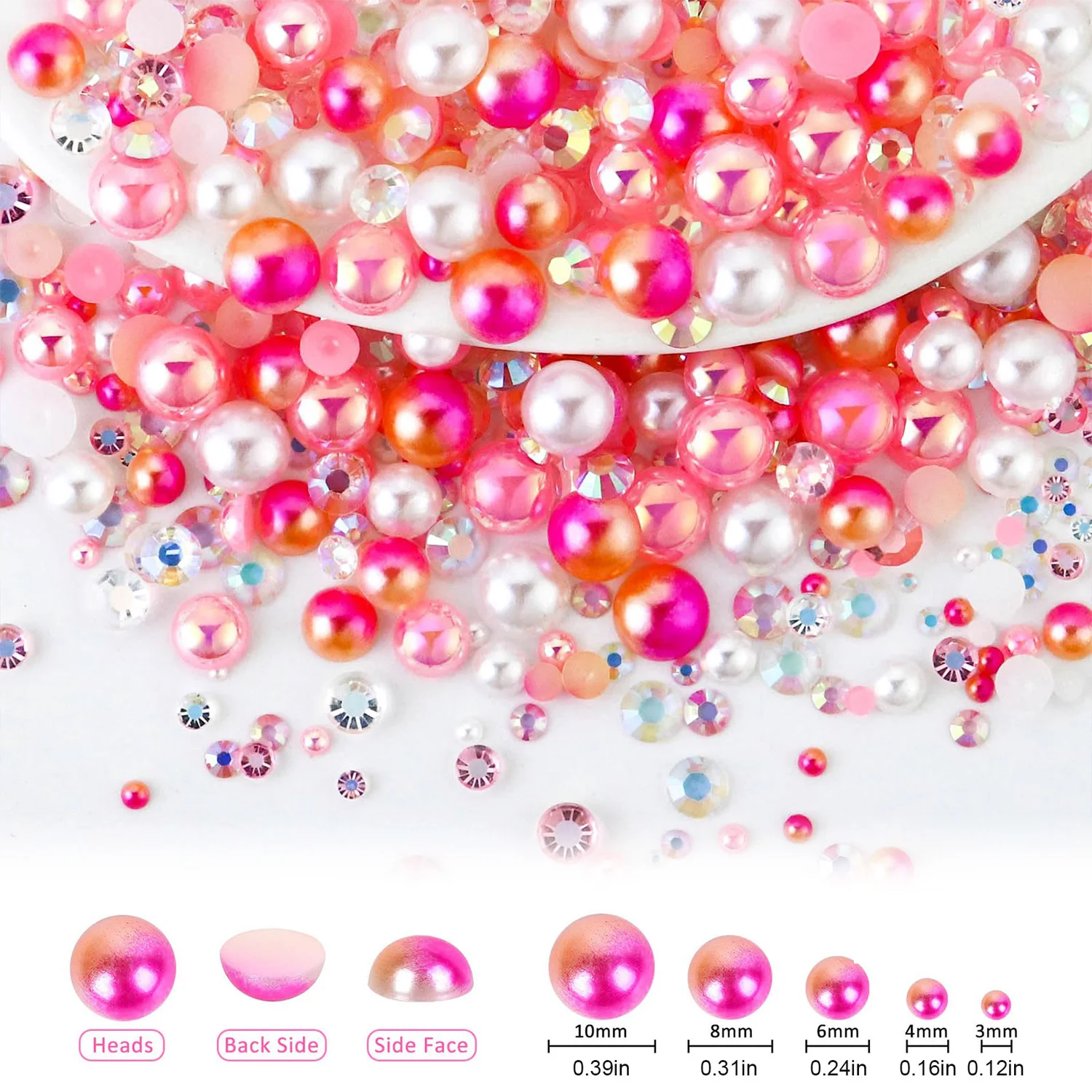 1100Pcs Flat Back Pearls And Rhinestones, 30g Mixed Size 3mm-10mm Ab Color Resin Rhinestones Semi-Circular Pearl