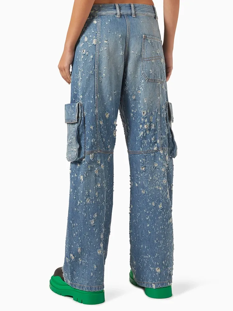 BPN Casual Patchwork Pockets Cargo Jeans For Women High Waist Hit Color Spliced Zipper Straight Leg Denim Pants Female New Style