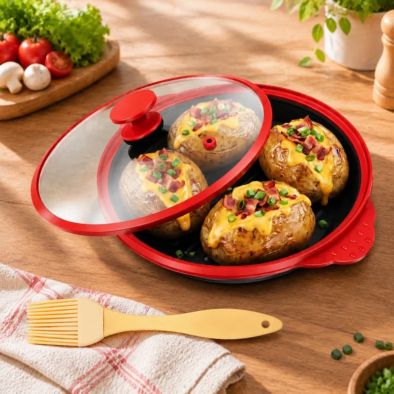High-Capacity Microwave Grill Pan with Lid, Nonstick Surface for Effortless Kitchen Frying and Grilling