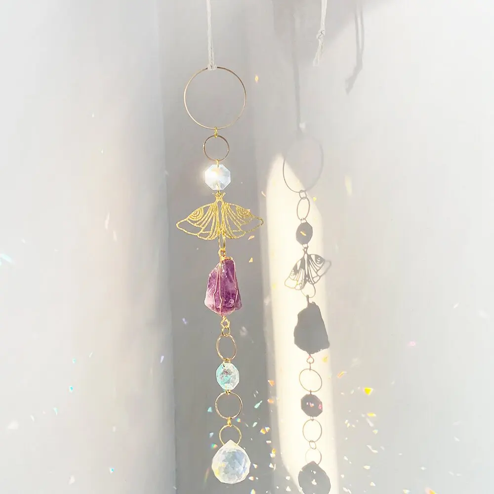 Custom Amethyst Rough Stone Moth Sun Catcher - Glass Pendants Hanging Ornament for Window Decor