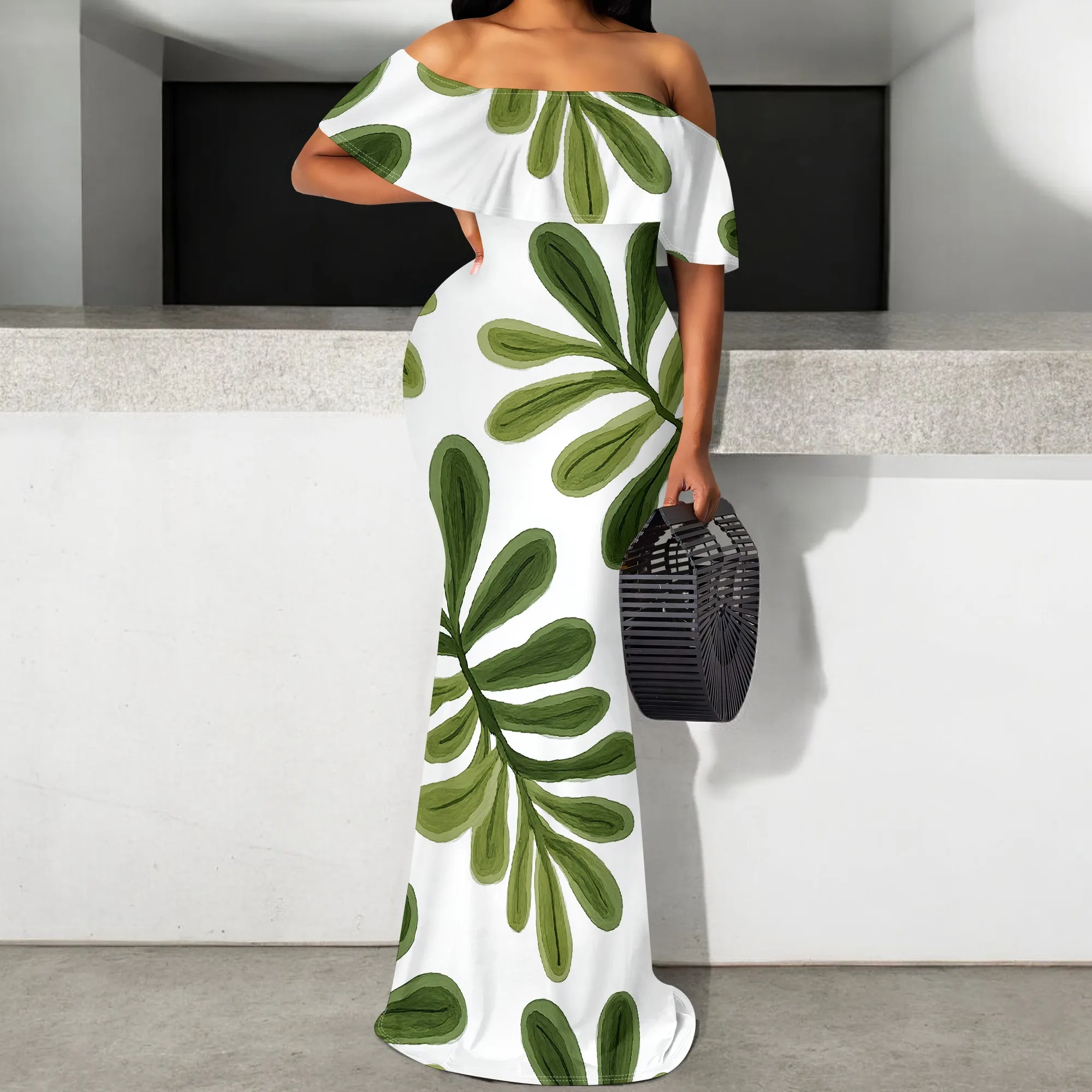 

Women's Off Shoulder Maxi Dress Green Tropical Leaf Print White Bodycon Elegant Beach Wedding Guest Party Gown S-3XL