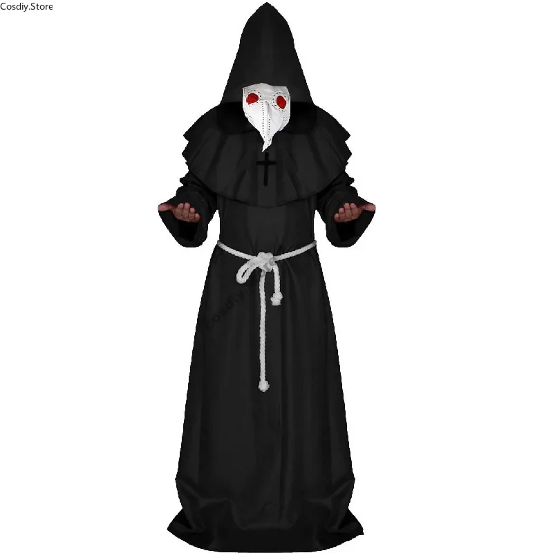 Halloween Plague Doctor Costume Medieval Hood Robe Dress Mask Hat Pest Minister Monk Cosplay Outfit Carnival Punk For Men Adult