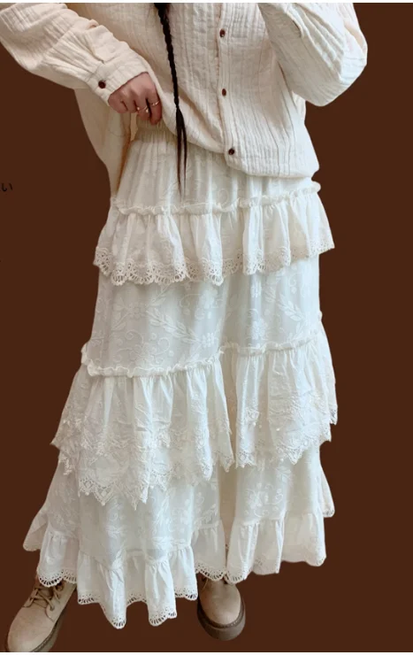 秋冬ガールズコットン刺繍スイートフリルベルベットレーススカートファッション万能年齢軽減ガーゼハイウエストスカート