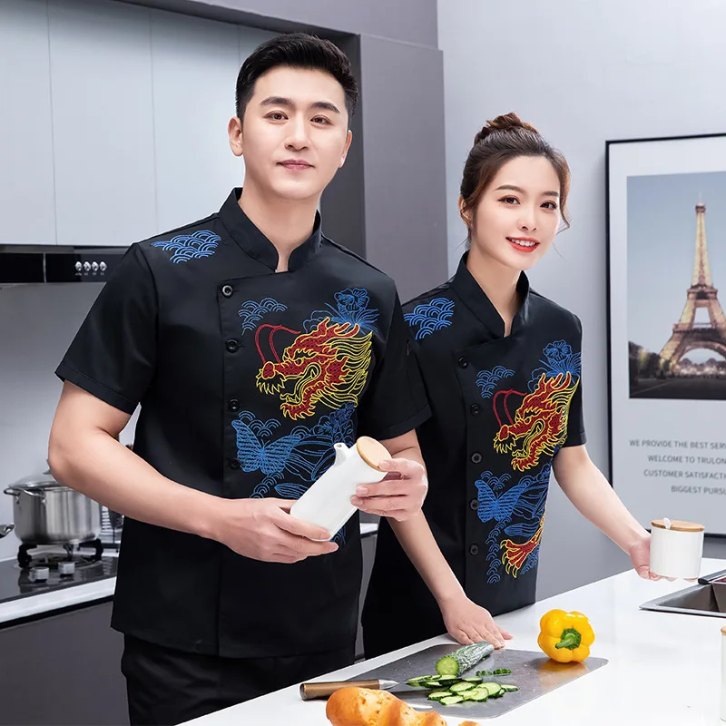 Hotel Chef Uniform Short-sleeved Work Clothes Men's and Women's Clothing Hotel Kitchen Back Kitchen Catering Clothing Plus White