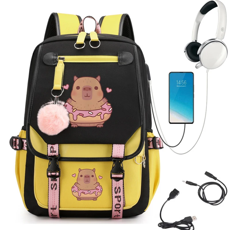 Cute Capybara Donut Mochila Escolar para Adolescente, Student Schoolbag, Anime Bagpack, Carregamento USB, Adolescentes Bookbag, Tendência