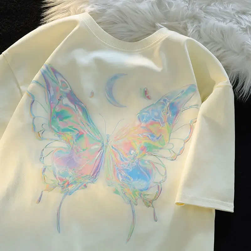 

Женская элегантная повседневная футболка из чистого хлопка с круглым вырезом и короткими рукавами, новые летние модные свободные топы с принтом бабочки сзади Y2K